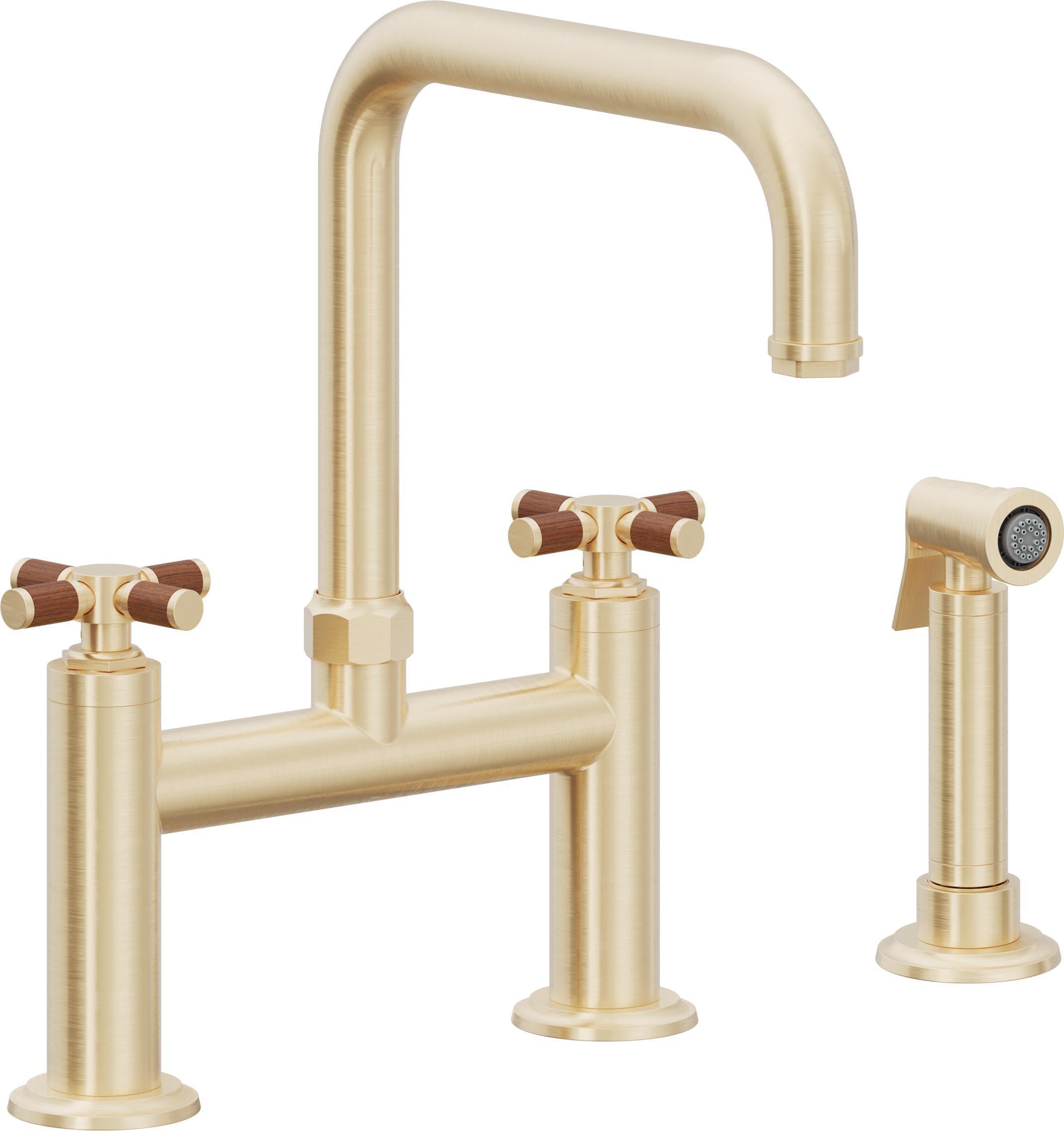 California Faucets Descanso Llave de Cocina Tipo Puente Industrial con Rociador Lateral - Pico Cuadrado - Latón Satinado