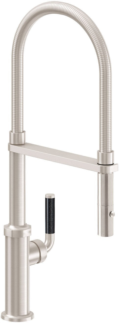 California Faucets Descanso Llave de Cocina Culinaria Extraíble Industrial con Rociador de Botón — Latón Antiguo Mate / Palanca de Fibra de Carbono