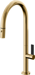 California Faucets Poetto Llave de Cocina Extraible Contemporanea con Rociador de Boton - Pico Alto en Arco - Oro Francés