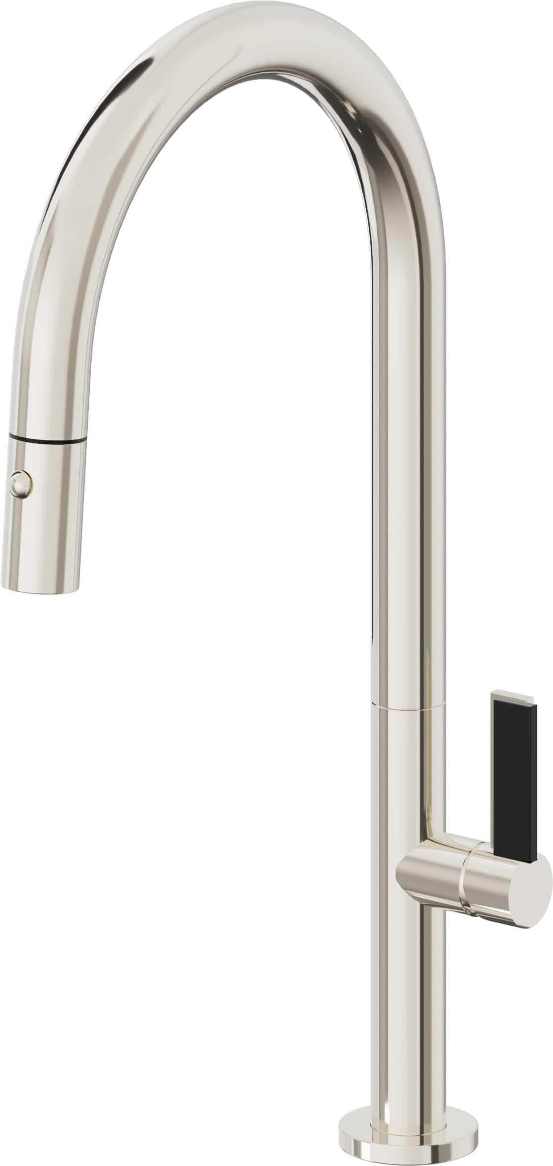 California Faucets Poetto Llave de Cocina Extraible Contemporanea con Rociador de Boton - Pico Alto en Arco - Níquel Pulido