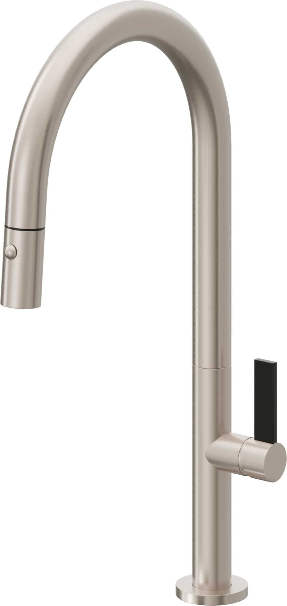 California Faucets Poetto Llave de Cocina Extraible Contemporanea con Rociador de Boton - Pico Alto en Arco - Níquel Satinado