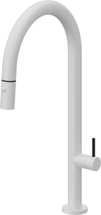 California Faucets Poetto Llave de Cocina Extraible Contemporanea con Rociador de Boton - Pico Alto en Arco - Blanco Mate