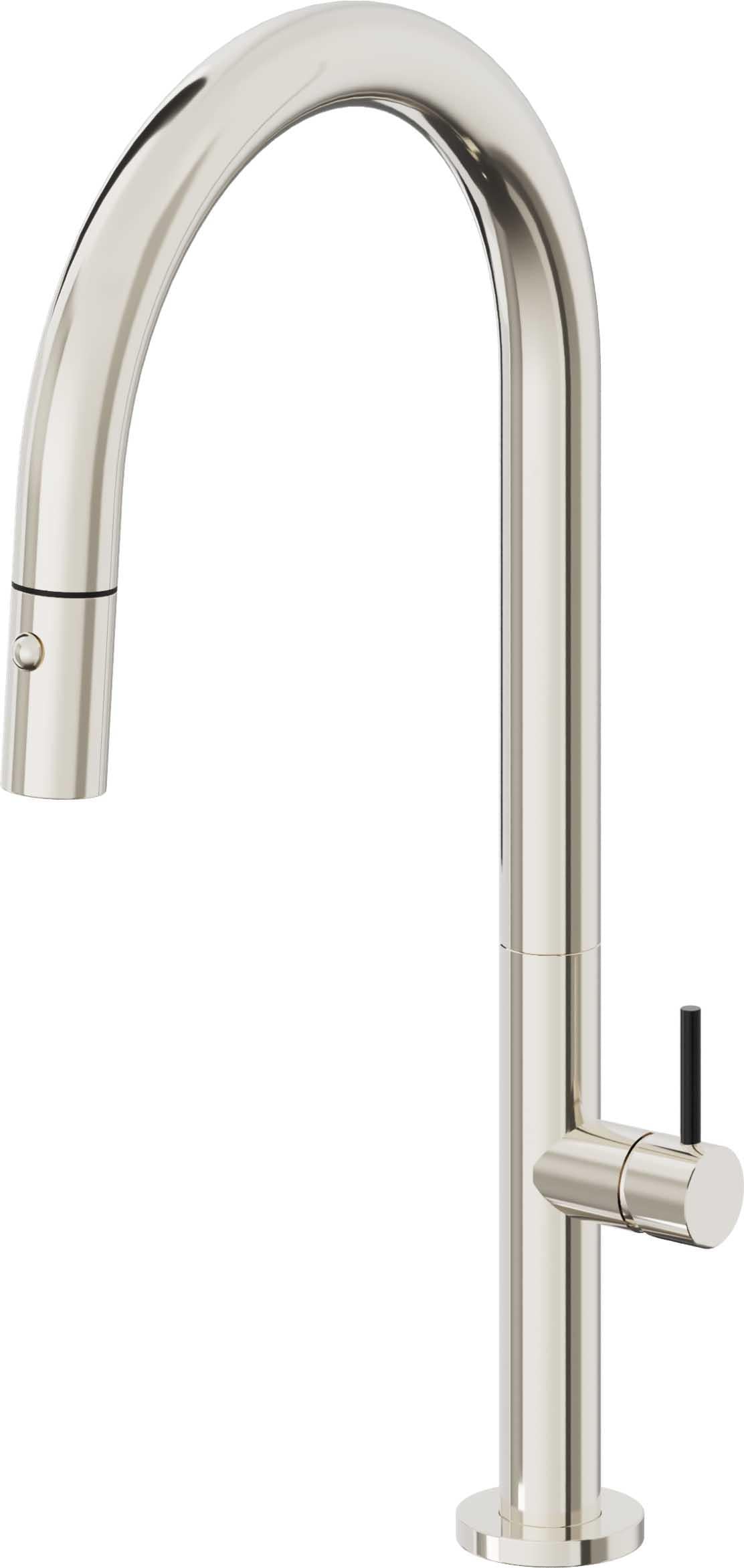 California Faucets Poetto Llave de Cocina Extraible Contemporanea con Rociador de Boton - Pico Alto en Arco - Níquel Pulido