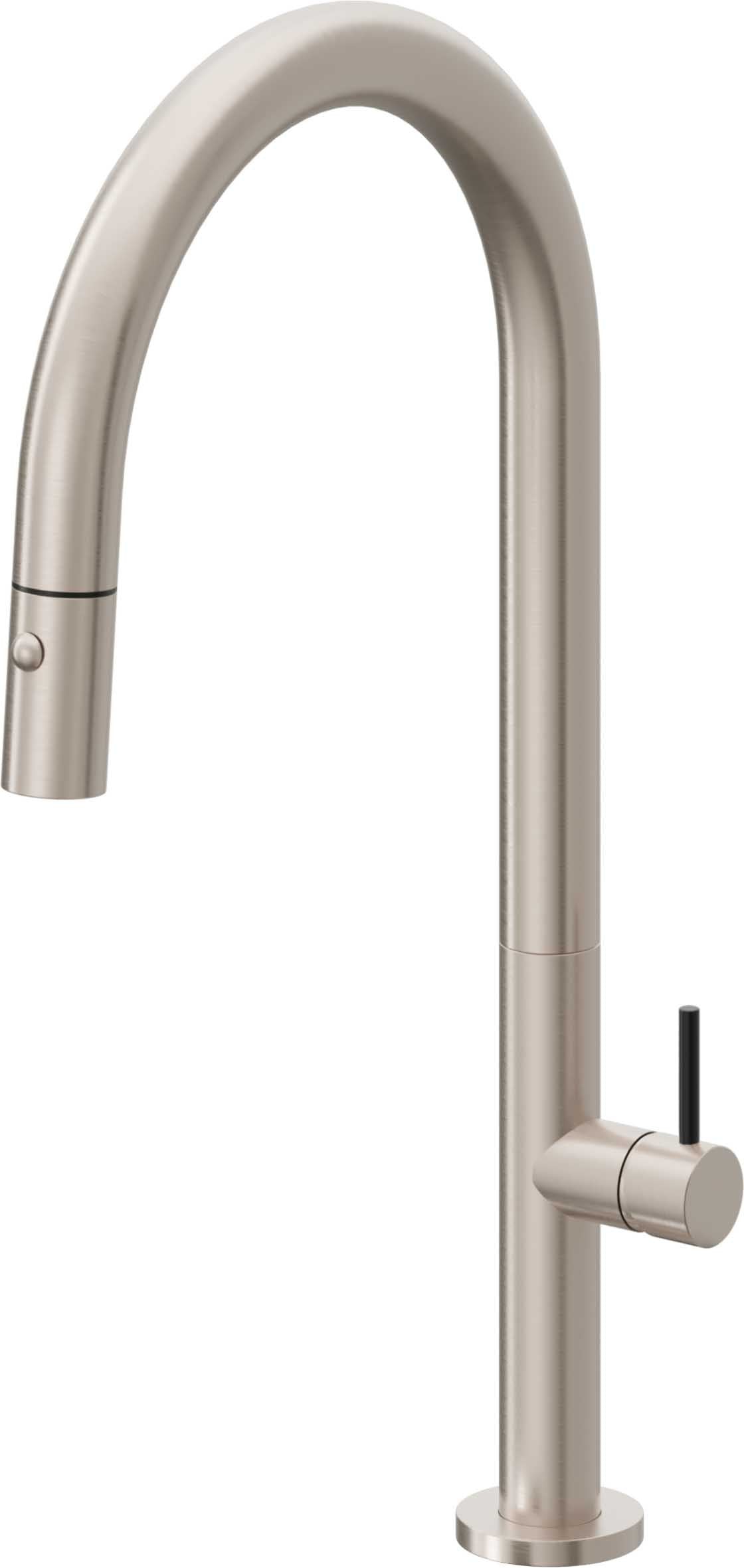 California Faucets Poetto Llave de Cocina Extraible Contemporanea con Rociador de Boton - Pico Alto en Arco - Níquel Satinado
