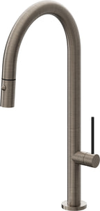 California Faucets Poetto Llave de Cocina Extraible Contemporanea con Rociador de Boton - Pico Alto en Arco - Níquel Antiguo Mate