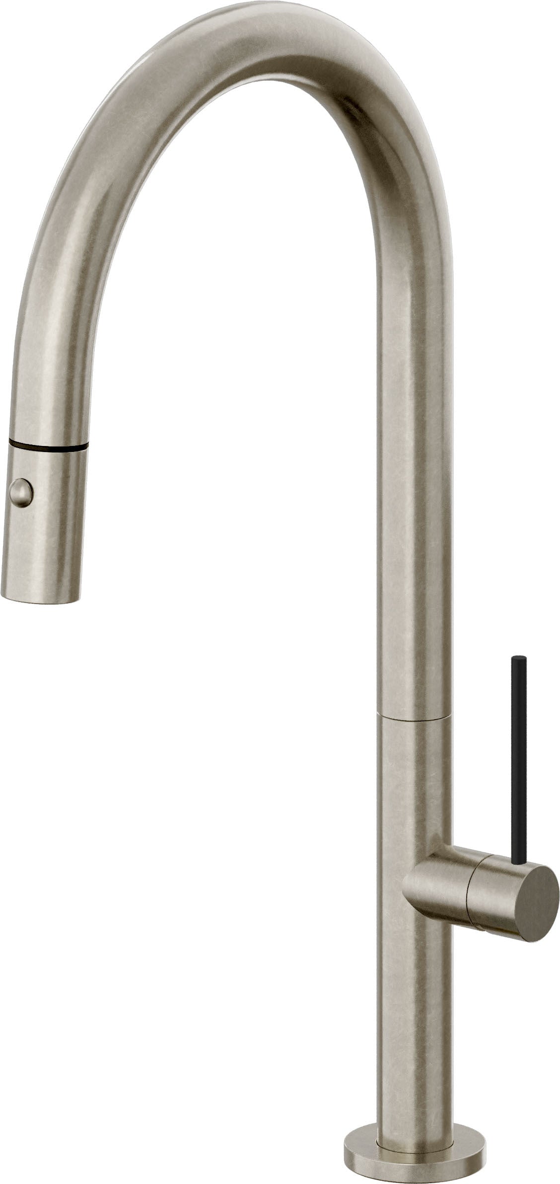 California Faucets Poetto Llave de Cocina Extraible Contemporanea con Rociador de Boton - Pico Alto en Arco - Níquel Bruñido