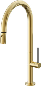 California Faucets Poetto Llave de Cocina Extraible Contemporanea con Rociador de Boton - Pico Alto en Arco - Oro Pulido de por Vida