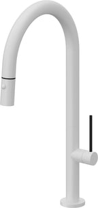 California Faucets Poetto Llave de Cocina Extraible Contemporanea con Rociador de Boton - Pico Alto en Arco - Blanco Mate