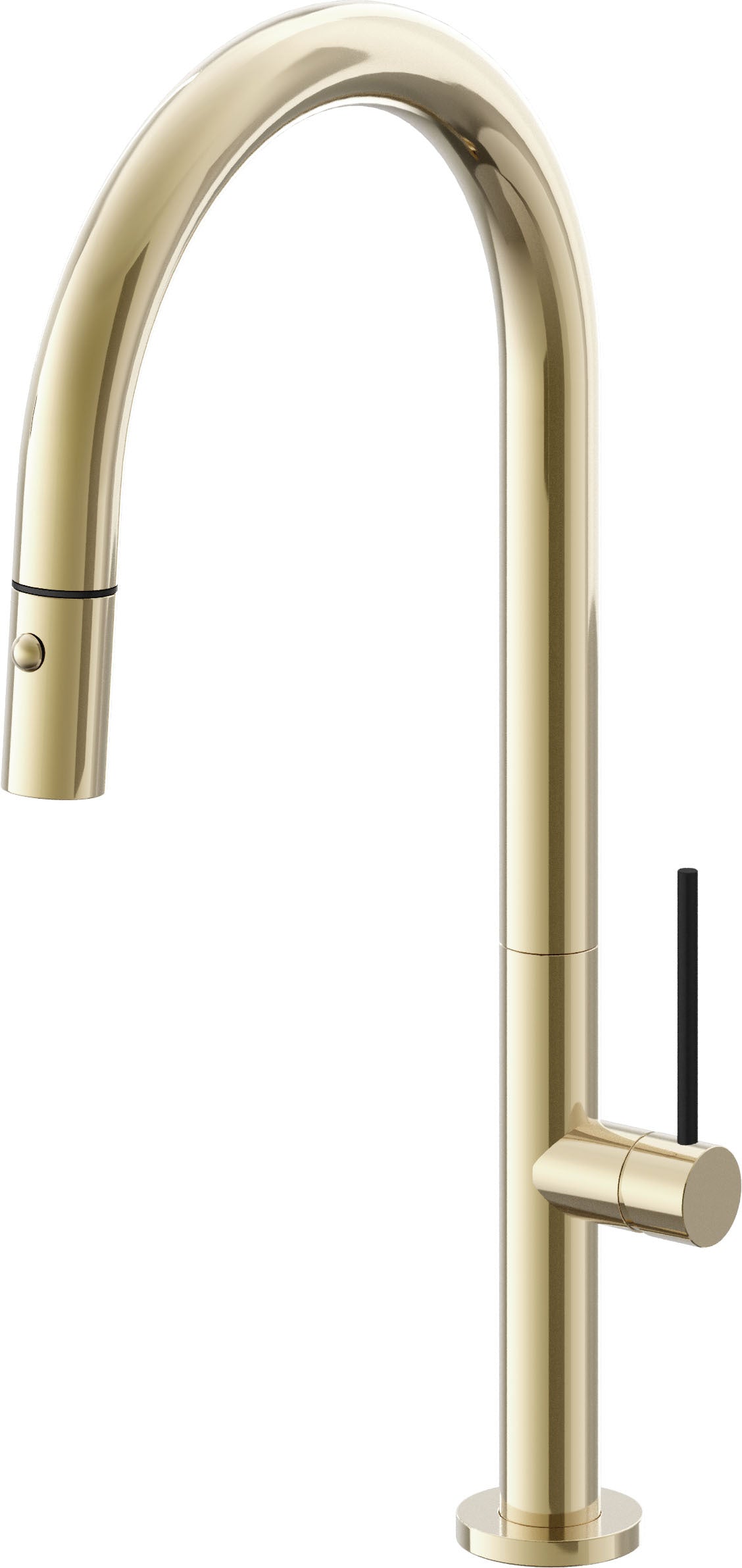 California Faucets Poetto Llave de Cocina Extraible Contemporanea con Rociador de Boton - Pico Alto en Arco - Latón Pulido