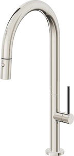 California Faucets Poetto Llave de Cocina Extraible Contemporanea con Rociador de Boton - Pico Alto en Arco - Níquel Pulido