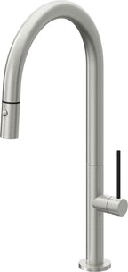 California Faucets Poetto Llave de Cocina Extraible Contemporanea con Rociador de Boton - Pico Alto en Arco - Cromo Satinado