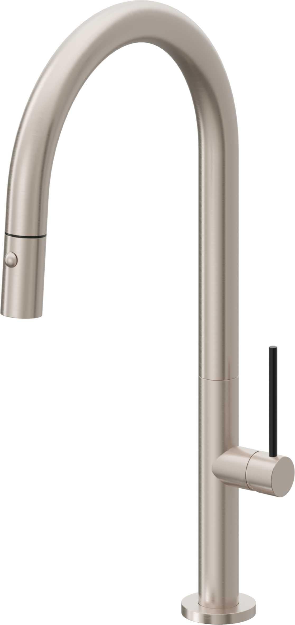 California Faucets Poetto Llave de Cocina Extraible Contemporanea con Rociador de Boton - Pico Alto en Arco - Níquel Satinado