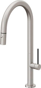 California Faucets Poetto Llave de Cocina Extraible Contemporanea con Rociador de Boton - Pico Alto en Arco - Acero Inoxidable Ultra