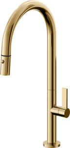 California Faucets Poetto Llave de Cocina Extraible Contemporanea con Rociador de Boton - Pico Alto en Arco - Oro Francés
