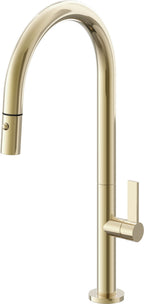 California Faucets Poetto Llave de Cocina Extraible Contemporanea con Rociador de Boton - Pico Alto en Arco - Latón Pulido