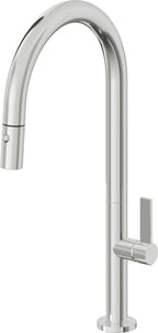 California Faucets Poetto Llave de Cocina Extraible Contemporanea con Rociador de Boton - Pico Alto en Arco - Cromo Pulido