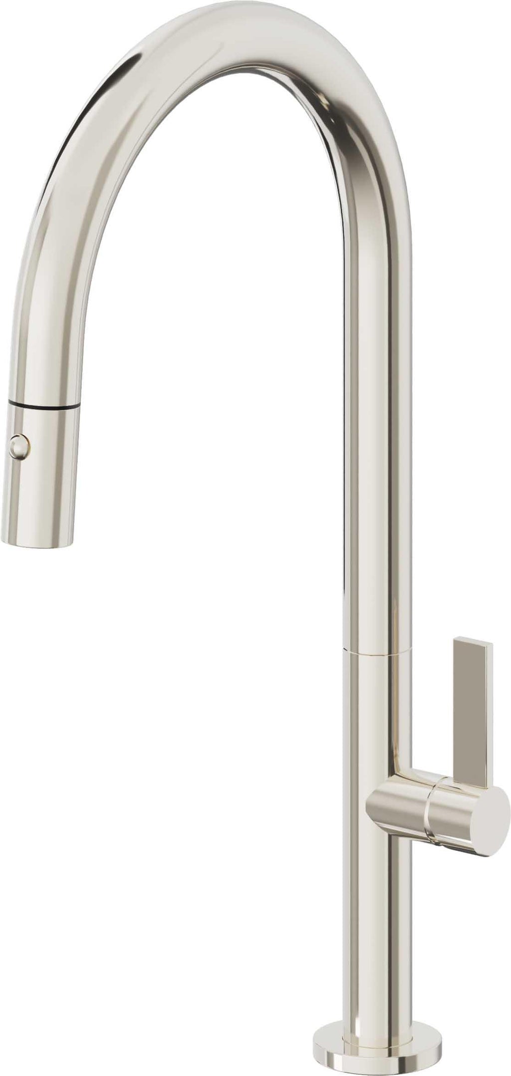 California Faucets Poetto Llave de Cocina Extraible Contemporanea con Rociador de Boton - Pico Alto en Arco - Níquel Pulido