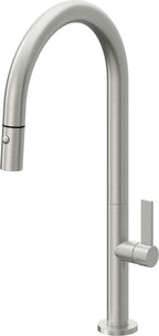 California Faucets Poetto Llave de Cocina Extraible Contemporanea con Rociador de Boton - Pico Alto en Arco - Cromo Satinado