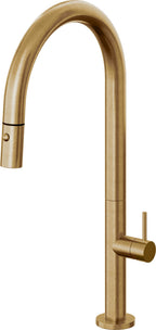 California Faucets Poetto Llave de Cocina Extraible Contemporanea con Rociador de Boton - Pico Alto en Arco - Latón Bruñido