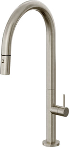California Faucets Poetto Llave de Cocina Extraible Contemporanea con Rociador de Boton - Pico Alto en Arco - Níquel Bruñido