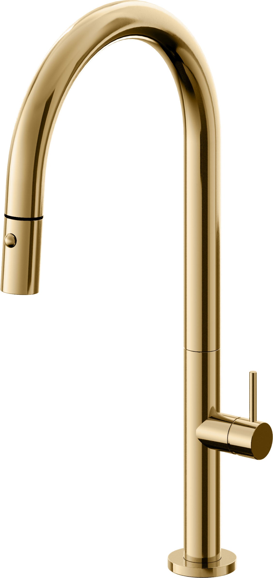 California Faucets Poetto Llave de Cocina Extraible Contemporanea con Rociador de Boton - Pico Alto en Arco - Oro Francés