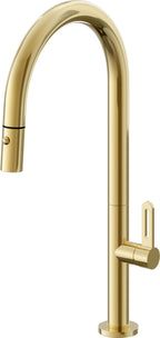 California Faucets Poetto Llave de Cocina Extraible Contemporanea con Rociador de Boton - Pico Alto en Arco - Oro Pulido de por Vida