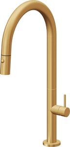 California Faucets Poetto Llave de Cocina Extraible Contemporanea con Rociador de Boton - Pico Alto en Arco - Oro Satinado de por Vida