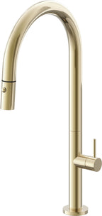 California Faucets Poetto Llave de Cocina Extraible Contemporanea con Rociador de Boton - Pico Alto en Arco - Latón Pulido