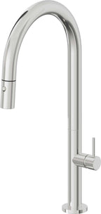 California Faucets Poetto Llave de Cocina Extraible Contemporanea con Rociador de Boton - Pico Alto en Arco - Cromo Pulido