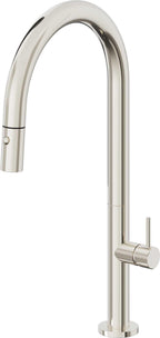 California Faucets Poetto Llave de Cocina Extraible Contemporanea con Rociador de Boton - Pico Alto en Arco - Níquel Pulido