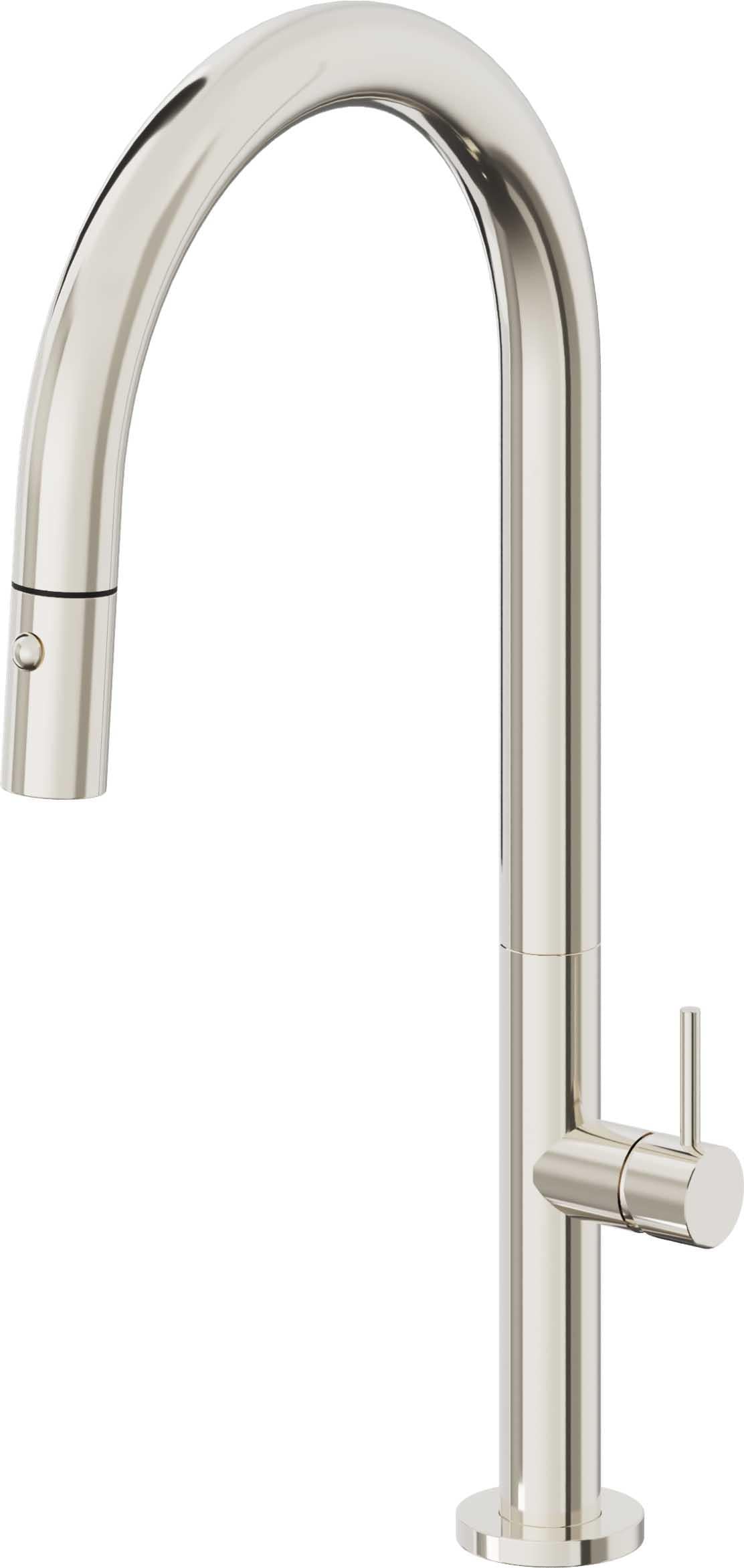 California Faucets Poetto Llave de Cocina Extraible Contemporanea con Rociador de Boton - Pico Alto en Arco - Níquel Pulido
