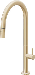 California Faucets Poetto Llave de Cocina Extraible Contemporanea con Rociador de Boton - Pico Alto en Arco - Latón Satinado