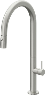 California Faucets Poetto Llave de Cocina Extraible Contemporanea con Rociador de Boton - Pico Alto en Arco - Cromo Satinado