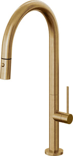 California Faucets Poetto Llave de Cocina Extraible Contemporanea con Rociador de Boton - Pico Alto en Arco - Latón Bruñido