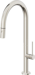 California Faucets Poetto Llave de Cocina Extraible Contemporanea con Rociador de Boton - Pico Alto en Arco - Níquel Pulido