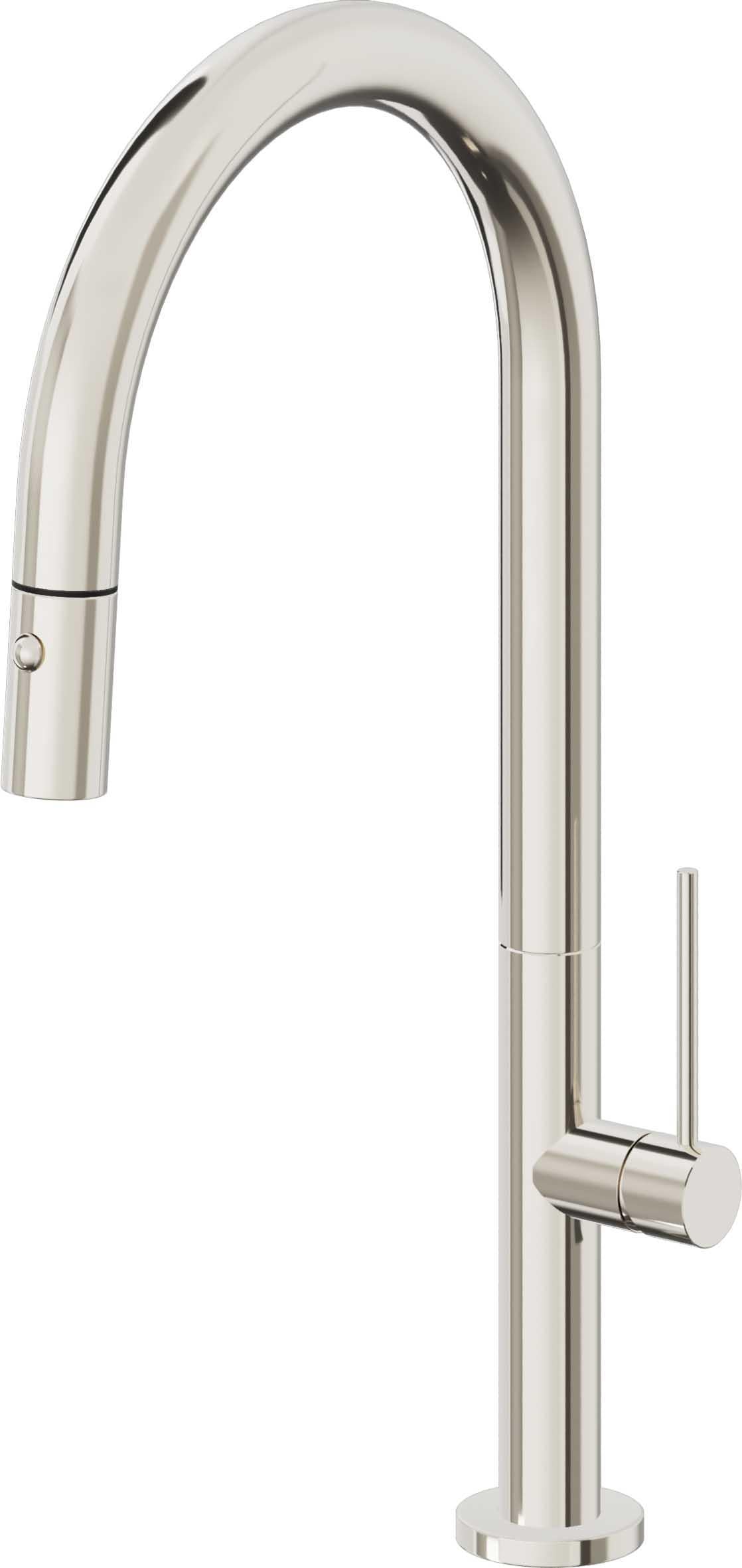 California Faucets Poetto Llave de Cocina Extraible Contemporanea con Rociador de Boton - Pico Alto en Arco - Níquel Pulido