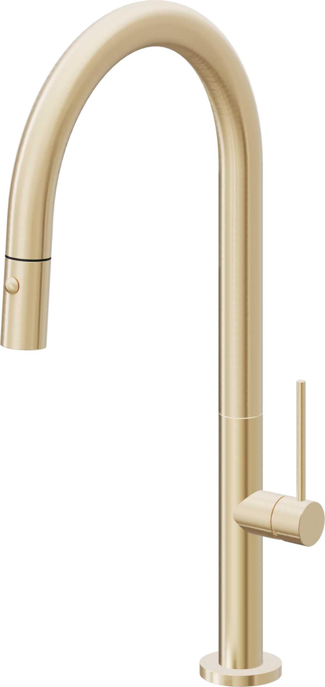 California Faucets Poetto Llave de Cocina Extraible Contemporanea con Rociador de Boton - Pico Alto en Arco - Latón Satinado