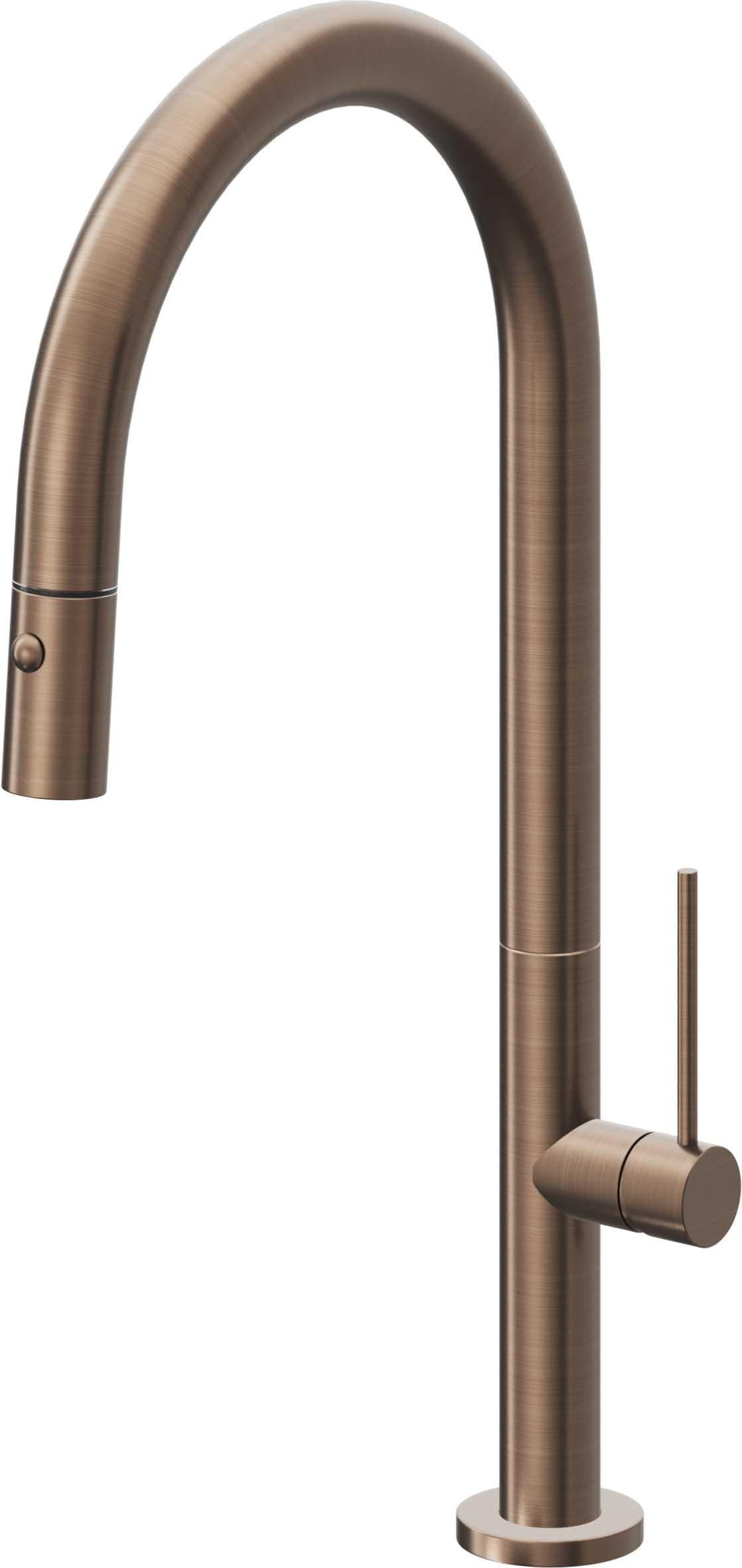 California Faucets Poetto Llave de Cocina Extraible Contemporanea con Rociador de Boton - Pico Alto en Arco - Bronce Satinado