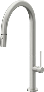 California Faucets Poetto Llave de Cocina Extraible Contemporanea con Rociador de Boton - Pico Alto en Arco - Cromo Satinado