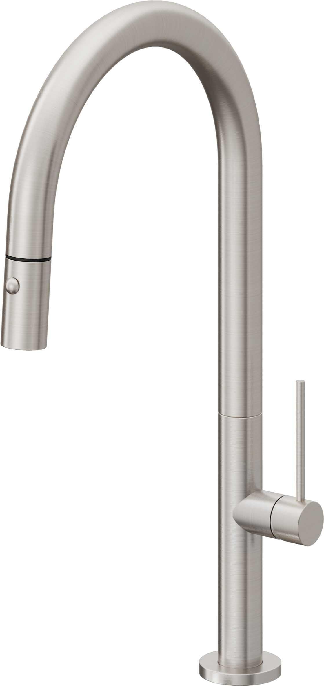 California Faucets Poetto Llave de Cocina Extraible Contemporanea con Rociador de Boton - Pico Alto en Arco - Acero Inoxidable Ultra