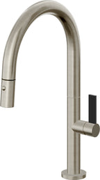 California Faucets Poetto Llave de Cocina Extraible Contemporanea con Rociador de Boton - Pico Bajo en Arco - Níquel Bruñido