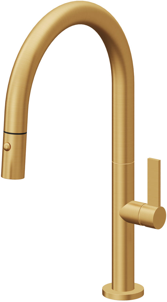 California Faucets Poetto Llave de Cocina Extraible Contemporanea con Rociador de Boton - Pico Bajo en Arco - Oro Satinado de por Vida