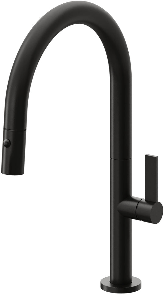 California Faucets Poetto Llave de Cocina Extraible Contemporanea con Rociador de Boton - Pico Bajo en Arco - Negro Mate