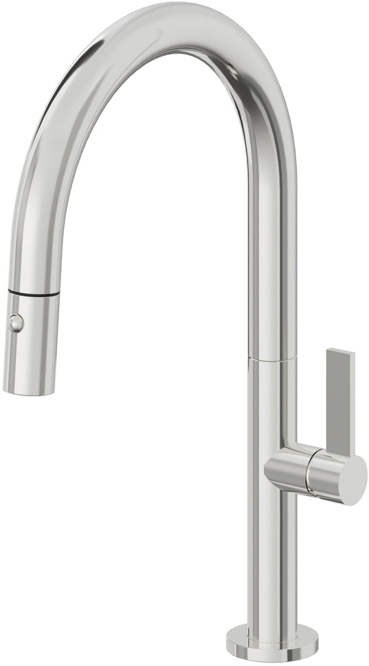 California Faucets Poetto Llave de Cocina Extraible Contemporanea con Rociador de Boton - Pico Bajo en Arco - Cromo Pulido