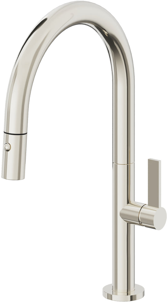 California Faucets Poetto Llave de Cocina Extraible Contemporanea con Rociador de Boton - Pico Bajo en Arco - Níquel Pulido