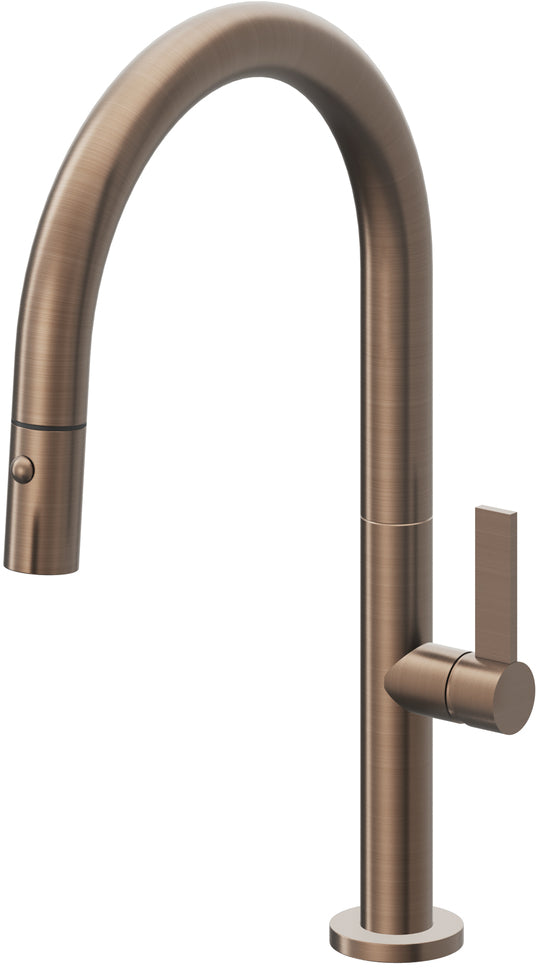 California Faucets Poetto Llave de Cocina Extraible Contemporanea con Rociador de Boton - Pico Bajo en Arco - Bronce Satinado