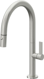 California Faucets Poetto Llave de Cocina Extraible Contemporanea con Rociador de Boton - Pico Bajo en Arco - Cromo Satinado