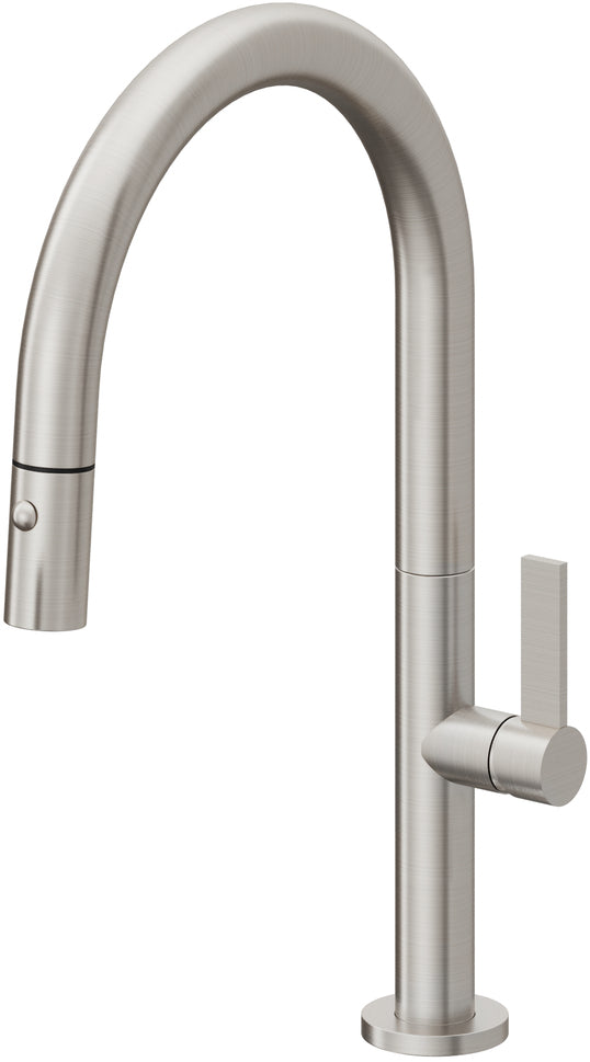 California Faucets Poetto Llave de Cocina Extraible Contemporanea con Rociador de Boton - Pico Bajo en Arco - Acero Inoxidable Ultra