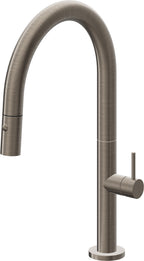 California Faucets Poetto Llave de Cocina Extraible Contemporanea con Rociador de Boton - Pico Bajo en Arco - Níquel Antiguo Mate