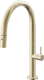 California Faucets Poetto Llave de Cocina Extraible Contemporanea con Rociador de Boton - Pico Bajo en Arco - Latón Pulido